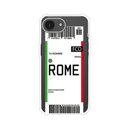 Funda personalizada estilo pase de abordar con diseño de Roma y código FCO, personalizable con nombre y datos de vuelo; producto de Remark MX para iPhone