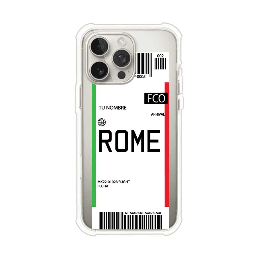 Funda personalizada estilo pase de abordar con diseño de Roma y código FCO, personalizable con nombre y datos de vuelo; producto de Remark MX para iPhone