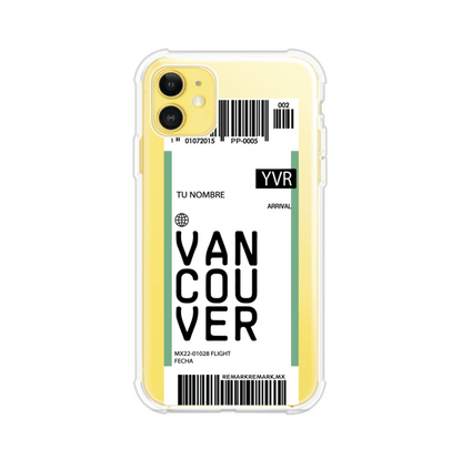 Funda personalizada estilo pase de abordar con diseño de Vancouver y código YVR, personalizable con nombre y datos de vuelo; producto de Remark MX para iPhone