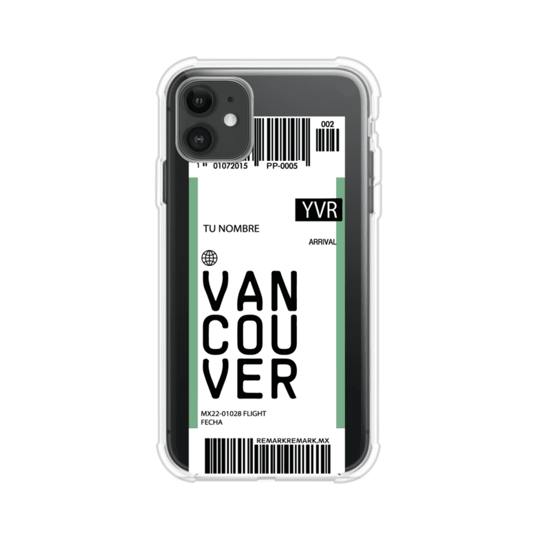 Funda personalizada estilo pase de abordar con diseño de Vancouver y código YVR, personalizable con nombre y datos de vuelo; producto de Remark MX para iPhone