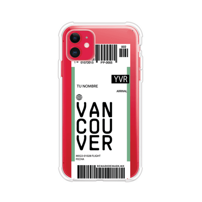 Funda personalizada estilo pase de abordar con diseño de Vancouver y código YVR, personalizable con nombre y datos de vuelo; producto de Remark MX para iPhone