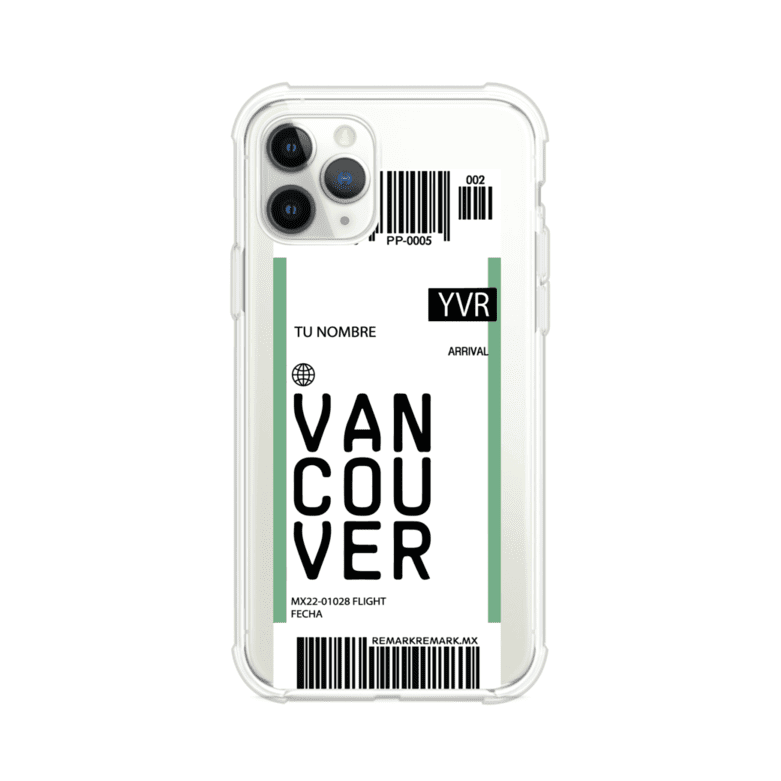 Funda personalizada estilo pase de abordar con diseño de Vancouver y código YVR, personalizable con nombre y datos de vuelo; producto de Remark MX para iPhone