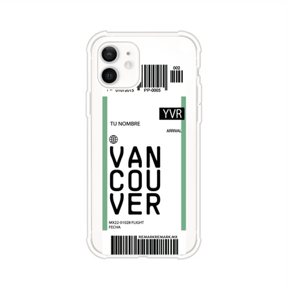 Funda personalizada estilo pase de abordar con diseño de Vancouver y código YVR, personalizable con nombre y datos de vuelo; producto de Remark MX para iPhone