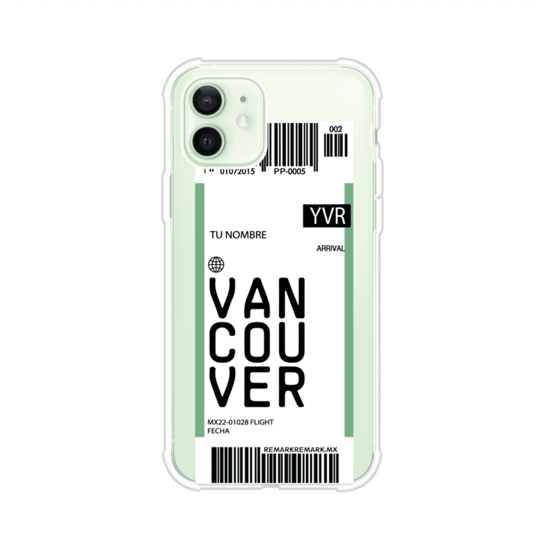 Funda personalizada estilo pase de abordar con diseño de Vancouver y código YVR, personalizable con nombre y datos de vuelo; producto de Remark MX para iPhone