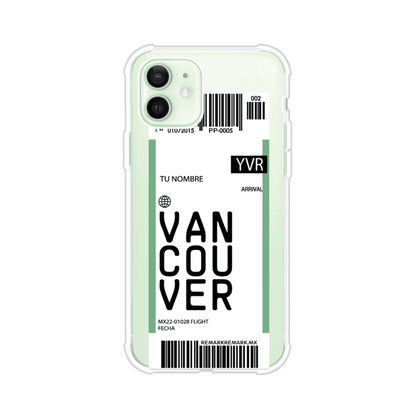 Funda personalizada estilo pase de abordar con diseño de Vancouver y código YVR, personalizable con nombre y datos de vuelo; producto de Remark MX para iPhone