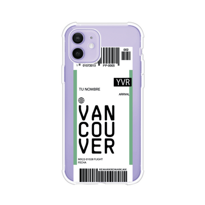 Funda personalizada estilo pase de abordar con diseño de Vancouver y código YVR, personalizable con nombre y datos de vuelo; producto de Remark MX para iPhone