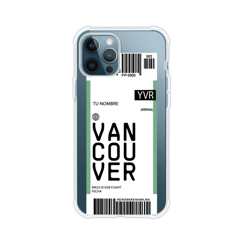 Funda personalizada estilo pase de abordar con diseño de Vancouver y código YVR, personalizable con nombre y datos de vuelo; producto de Remark MX para iPhone