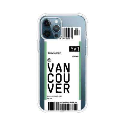 Funda personalizada estilo pase de abordar con diseño de Vancouver y código YVR, personalizable con nombre y datos de vuelo; producto de Remark MX para iPhone