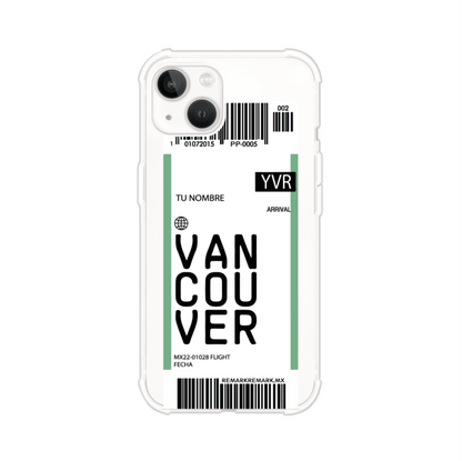 Funda personalizada estilo pase de abordar con diseño de Vancouver y código YVR, personalizable con nombre y datos de vuelo; producto de Remark MX para iPhone