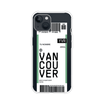 Funda personalizada estilo pase de abordar con diseño de Vancouver y código YVR, personalizable con nombre y datos de vuelo; producto de Remark MX para iPhone
