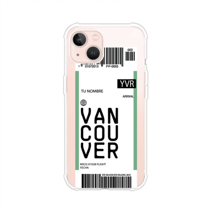 Funda personalizada estilo pase de abordar con diseño de Vancouver y código YVR, personalizable con nombre y datos de vuelo; producto de Remark MX para iPhone