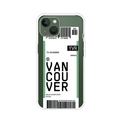 Funda personalizada estilo pase de abordar con diseño de Vancouver y código YVR, personalizable con nombre y datos de vuelo; producto de Remark MX para iPhone