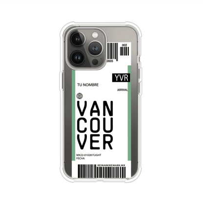 Funda personalizada estilo pase de abordar con diseño de Vancouver y código YVR, personalizable con nombre y datos de vuelo; producto de Remark MX para iPhone