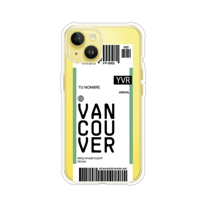 Funda personalizada estilo pase de abordar con diseño de Vancouver y código YVR, personalizable con nombre y datos de vuelo; producto de Remark MX para iPhone