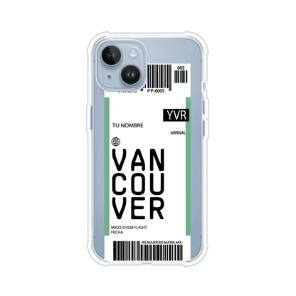 Funda personalizada estilo pase de abordar con diseño de Vancouver y código YVR, personalizable con nombre y datos de vuelo; producto de Remark MX para iPhone