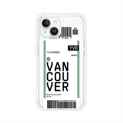 Funda personalizada estilo pase de abordar con diseño de Vancouver y código YVR, personalizable con nombre y datos de vuelo; producto de Remark MX para iPhone