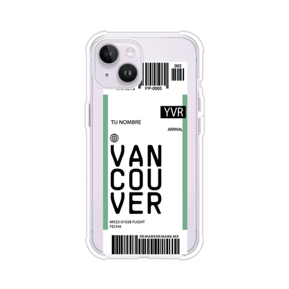Funda personalizada estilo pase de abordar con diseño de Vancouver y código YVR, personalizable con nombre y datos de vuelo; producto de Remark MX para iPhone