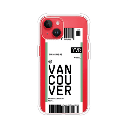 Funda personalizada estilo pase de abordar con diseño de Vancouver y código YVR, personalizable con nombre y datos de vuelo; producto de Remark MX para iPhone