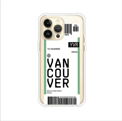 Funda personalizada estilo pase de abordar con diseño de Vancouver y código YVR, personalizable con nombre y datos de vuelo; producto de Remark MX para iPhone