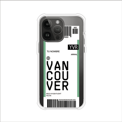 Funda personalizada estilo pase de abordar con diseño de Vancouver y código YVR, personalizable con nombre y datos de vuelo; producto de Remark MX para iPhone