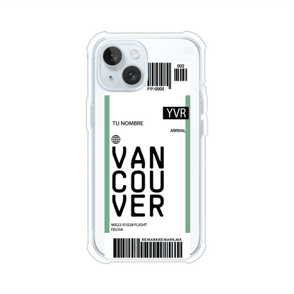 Funda personalizada estilo pase de abordar con diseño de Vancouver y código YVR, personalizable con nombre y datos de vuelo; producto de Remark MX para iPhone
