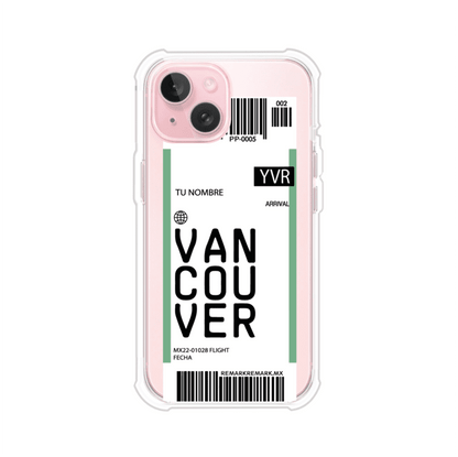 Funda personalizada estilo pase de abordar con diseño de Vancouver y código YVR, personalizable con nombre y datos de vuelo; producto de Remark MX para iPhone