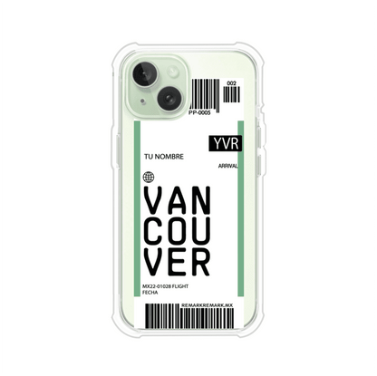 Funda personalizada estilo pase de abordar con diseño de Vancouver y código YVR, personalizable con nombre y datos de vuelo; producto de Remark MX para iPhone