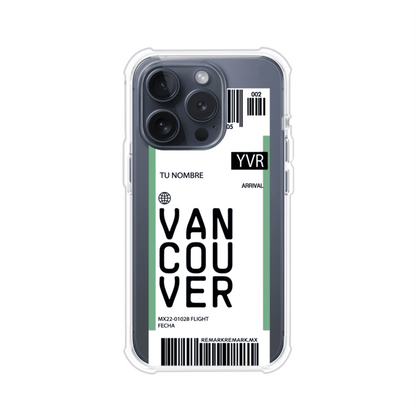 Funda personalizada estilo pase de abordar con diseño de Vancouver y código YVR, personalizable con nombre y datos de vuelo; producto de Remark MX para iPhone