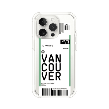 Funda personalizada estilo pase de abordar con diseño de Vancouver y código YVR, personalizable con nombre y datos de vuelo; producto de Remark MX para iPhone