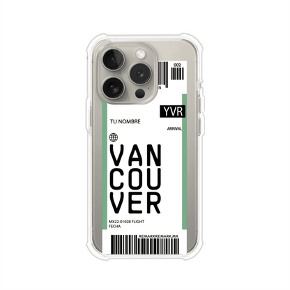 Funda personalizada estilo pase de abordar con diseño de Vancouver y código YVR, personalizable con nombre y datos de vuelo; producto de Remark MX para iPhone