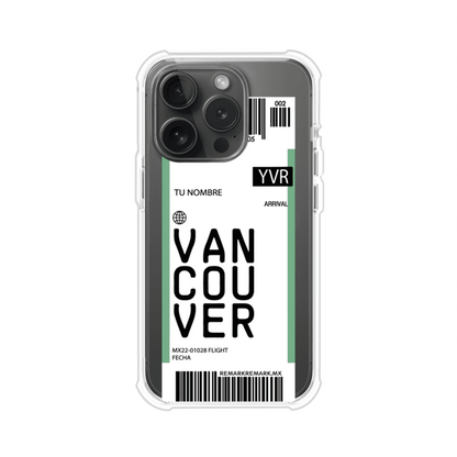 Funda personalizada estilo pase de abordar con diseño de Vancouver y código YVR, personalizable con nombre y datos de vuelo; producto de Remark MX para iPhone