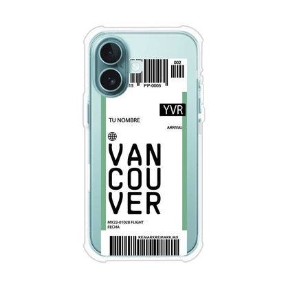 Funda personalizada estilo pase de abordar con diseño de Vancouver y código YVR, personalizable con nombre y datos de vuelo; producto de Remark MX para iPhone