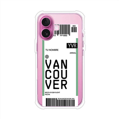 Funda personalizada estilo pase de abordar con diseño de Vancouver y código YVR, personalizable con nombre y datos de vuelo; producto de Remark MX para iPhone