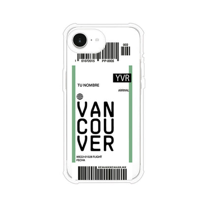 Funda personalizada estilo pase de abordar con diseño de Vancouver y código YVR, personalizable con nombre y datos de vuelo; producto de Remark MX para iPhone