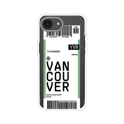 Funda personalizada estilo pase de abordar con diseño de Vancouver y código YVR, personalizable con nombre y datos de vuelo; producto de Remark MX para iPhone