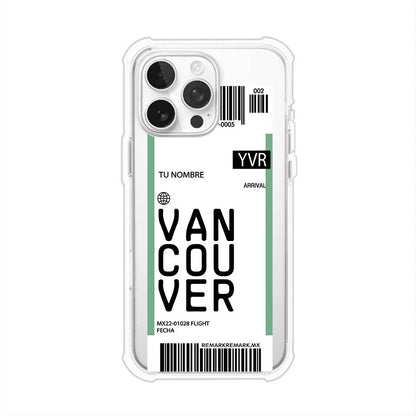 Funda personalizada estilo pase de abordar con diseño de Vancouver y código YVR, personalizable con nombre y datos de vuelo; producto de Remark MX para iPhone
