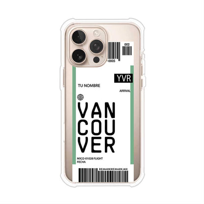 Funda personalizada estilo pase de abordar con diseño de Vancouver y código YVR, personalizable con nombre y datos de vuelo; producto de Remark MX para iPhone
