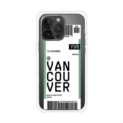 Funda personalizada estilo pase de abordar con diseño de Vancouver y código YVR, personalizable con nombre y datos de vuelo; producto de Remark MX para iPhone