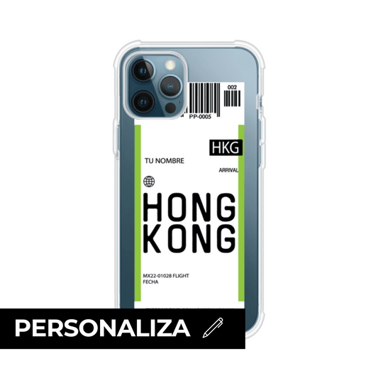 Funda personalizada estilo pase de abordar con diseño de Hong Kong y código HKG, personalizable con nombre y datos de vuelo; producto de Remark MX para iPhone