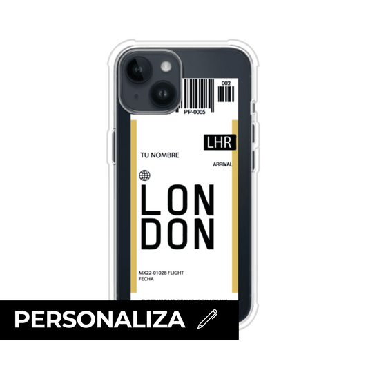 Funda personalizada estilo pase de abordar con diseño de Londres y código LHR, personalizable con nombre y datos de vuelo; producto de Remark MX para iPhone