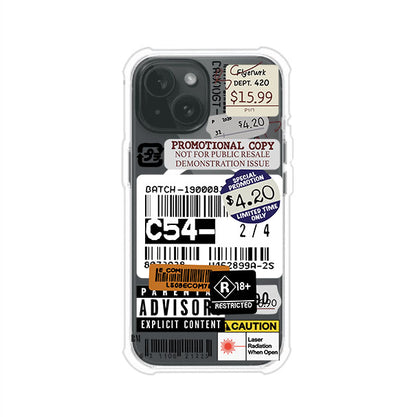 Funda para iPhone con diseño urbano tipo collage de tickets, códigos de barras y etiquetas de advertencia. Ideal para quienes buscan un estilo alternativo y original. Diseño exclusivo de Remark MX