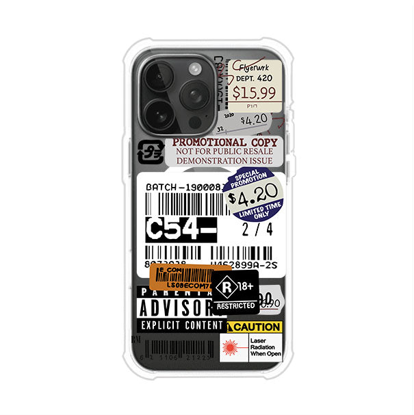 Funda para iPhone con diseño urbano tipo collage de tickets, códigos de barras y etiquetas de advertencia. Ideal para quienes buscan un estilo alternativo y original. Diseño exclusivo de Remark MX