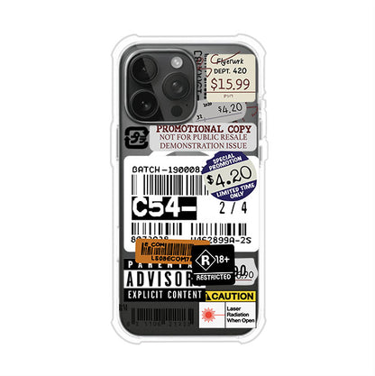 Funda para iPhone con diseño urbano tipo collage de tickets, códigos de barras y etiquetas de advertencia. Ideal para quienes buscan un estilo alternativo y original. Diseño exclusivo de Remark MX