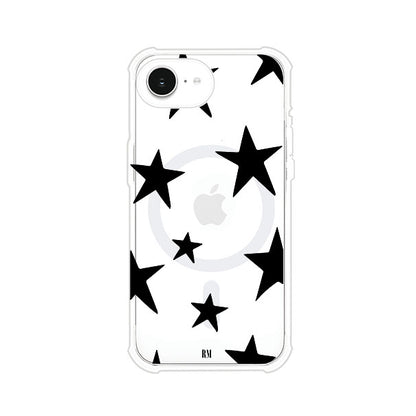 Funda personalizada para iPhone con diseño minimalista de estrellas negras sobre fondo transparente, estilo Black Stars de Remark MX