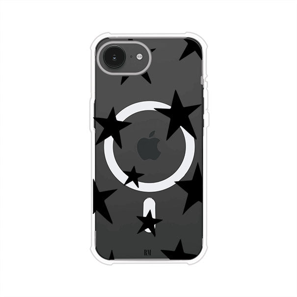 Funda personalizada para iPhone con diseño minimalista de estrellas negras sobre fondo transparente, estilo Black Stars de Remark MX