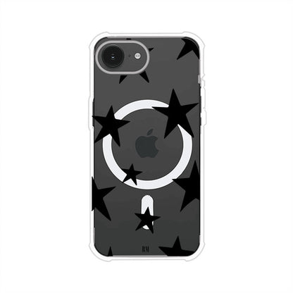 Funda personalizada para iPhone con diseño minimalista de estrellas negras sobre fondo transparente, estilo Black Stars de Remark MX