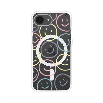 Funda personalizada para iPhone con diseño de caritas felices o happy faces en colores pastel, ideal para un estilo divertido y colorido; producto de Remark MX