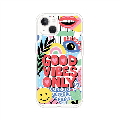 Funda personalizada para iPhone con diseño colorido estilo pop art y frase Good Vibes Only. Ideal para expresar energía positiva. Producto de Remark MX