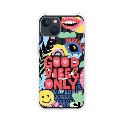 Funda personalizada para iPhone con diseño colorido estilo pop art y frase Good Vibes Only. Ideal para expresar energía positiva. Producto de Remark MX