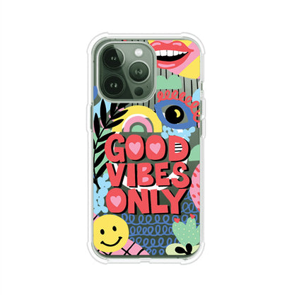 Funda personalizada para iPhone con diseño colorido estilo pop art y frase Good Vibes Only. Ideal para expresar energía positiva. Producto de Remark MX